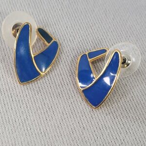 Monet Earrings Vintage Blue Enamel Gold Tone Geometric Abstract MCM Stud Signed